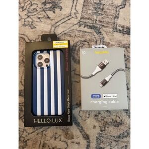 Hello Lux iPhone 14 Pro Max Case Navy Stripe Heyday 10ft Lightning Cable Bundle